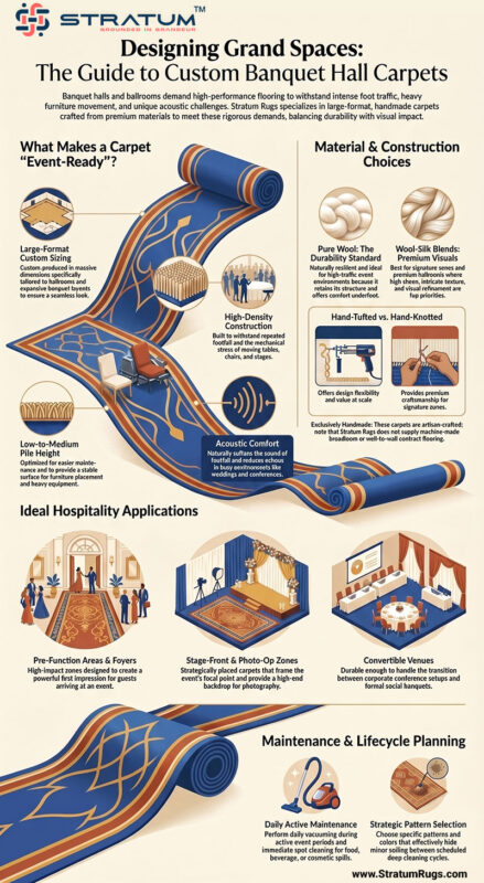 A guide to selecting a perfect carpet for the banquet hall - handmade and hand-tufted.