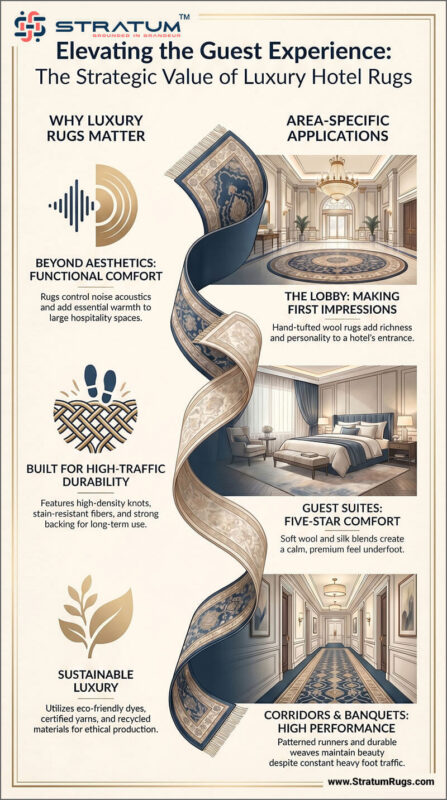 An infographic by Stratum titled 'Elevating the Guest Experience: The Strategic Value of Luxury Hotel Rugs.' It covers functional comfort, high-traffic durability, and sustainable luxury. The graphic illustrates applications for hotel lobbies (first impressions), guest suites (five-star comfort), and corridors or banquets (high-performance runners), highlighting the use of hand-tufted wool and eco-friendly materials
