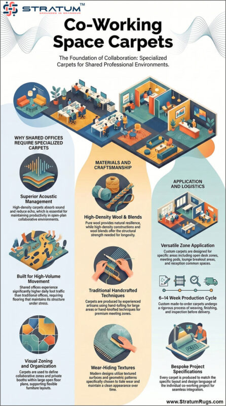 An infographic by Stratum titled 'Co-Working Space Carpets: The Foundation of Collaboration.' It outlines why shared offices require specialized carpets, focusing on superior acoustic management, durability for high-volume movement, and visual zoning. It also features material details like high-density wool, handcrafted techniques, and wear-hiding textures for professional environments.
