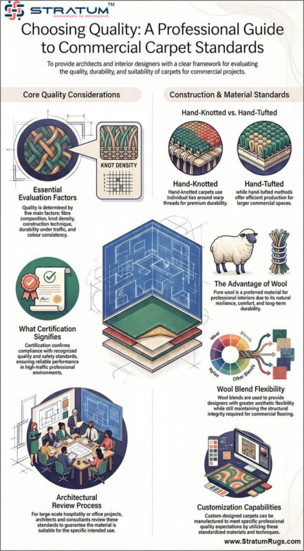 An infographic guide by Stratum titled 'Choosing Quality: A Professional Guide to Commercial Carpet Standards.' It covers evaluation factors like knot density, construction methods (hand-knotted vs. hand-tufted), and material benefits of wool and wool blends for architects and interior designers.