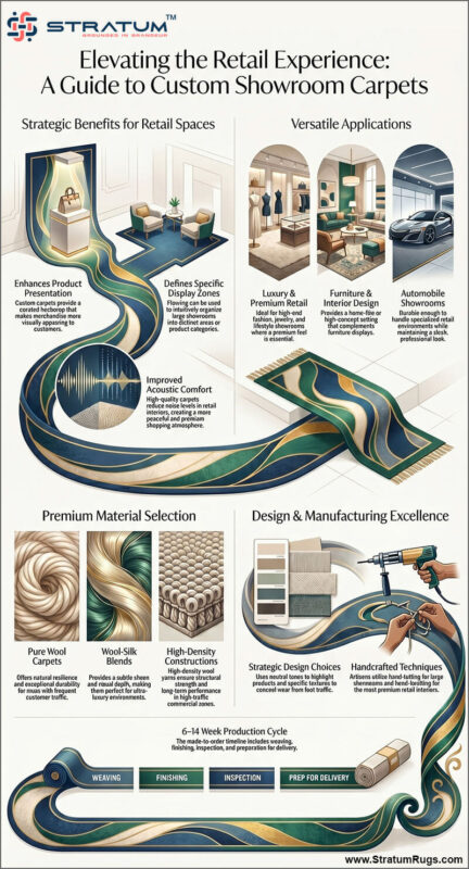 An infographic by Stratum titled 'Elevating the Retail Experience: A Guide to Custom Showroom Carpets.' The graphic details strategic benefits like acoustic comfort and product presentation, applications for luxury retail and automobile showrooms, and material selections including pure wool and wool-silk blends.