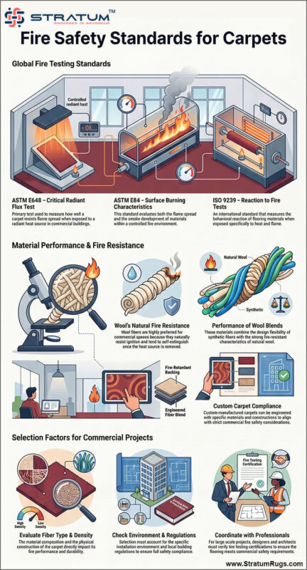 An educational infographic by Stratum about Fire Safety Standards for Carpets. It details global testing methods including ASTM E648, ASTM E84, and ISO 9239. The graphic also explains wool's natural fire resistance, the performance of wool blends, and a checklist for ensuring commercial compliance through fiber density and professional coordination.
