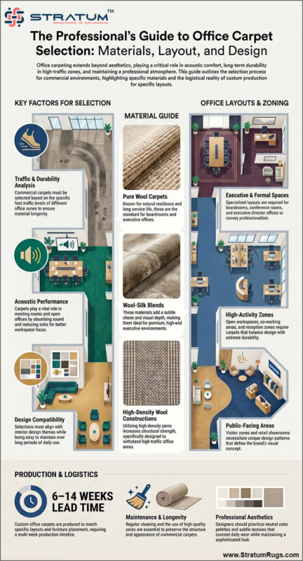 An infographic titled 'The Professional's Guide to Office Carpet Selection' by Stratum. The guide covers material guides for pure wool and wool-silk blends, selection factors like traffic analysis and acoustic performance, and office zoning for executive spaces, high-activity zones, and public-facing areas. It also notes a 6-14 week lead time for custom production and maintenance tips for longevity.